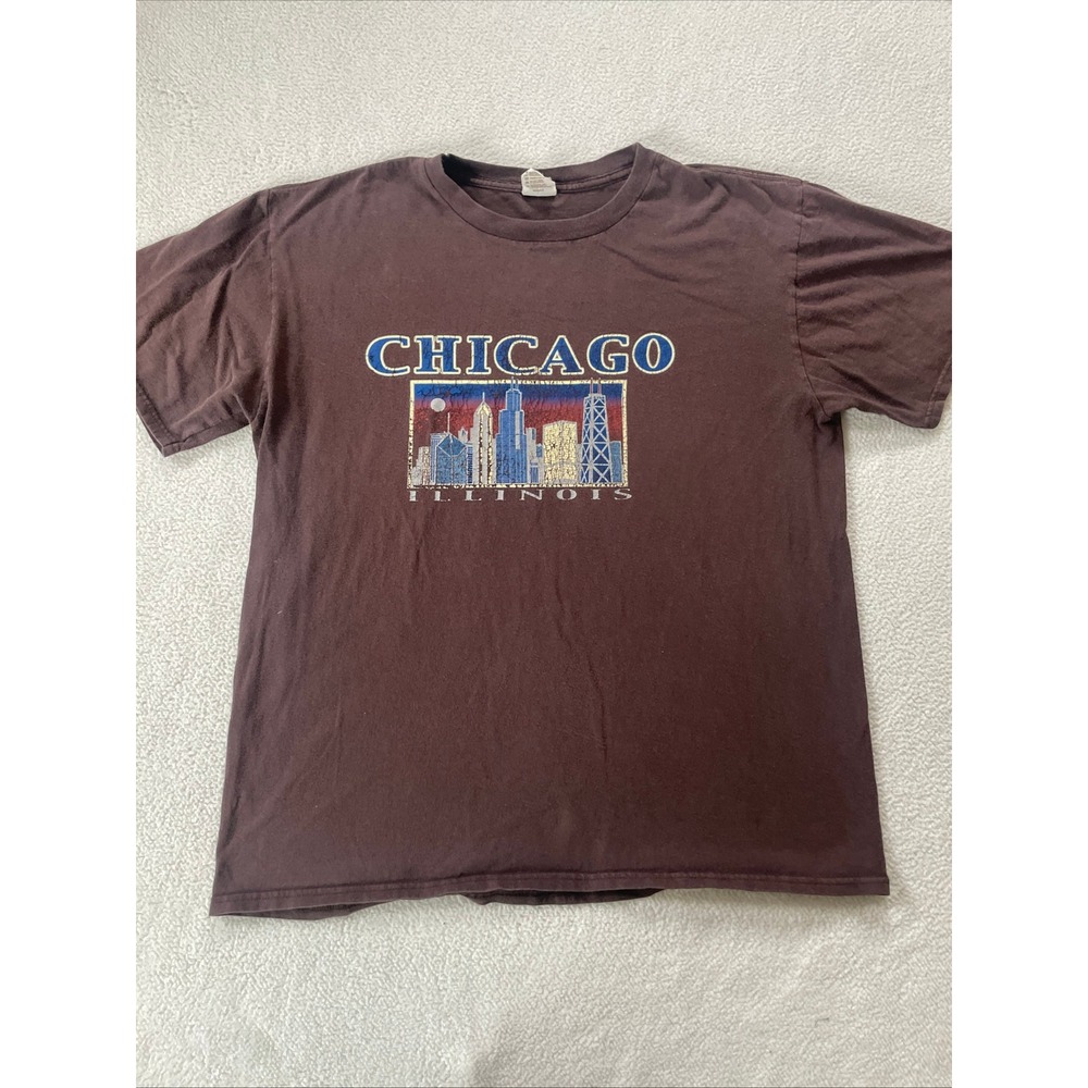 Anvil Mens Large T-Shirt Brown Chicago Illinois Skyline Graphic Organic Cotton